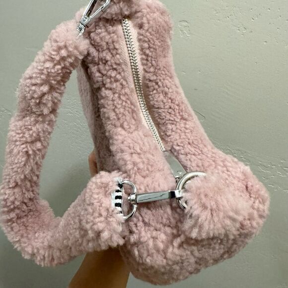 Dusty Rose Real Shearling Leather Half Moon Handbag with 2 Straps & Fur Charm - Picture 13 of 16